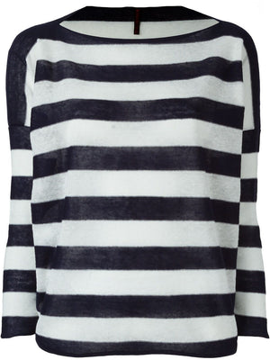 Blue Striped Boat Neck Sweater for Women in 100% Cotton