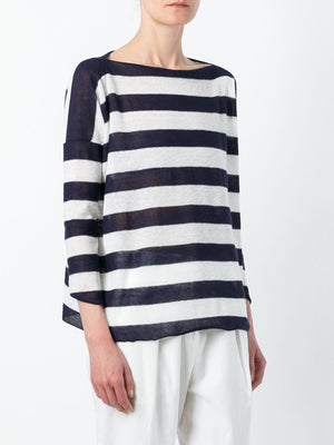 Blue Striped Boat Neck Sweater for Women in 100% Cotton