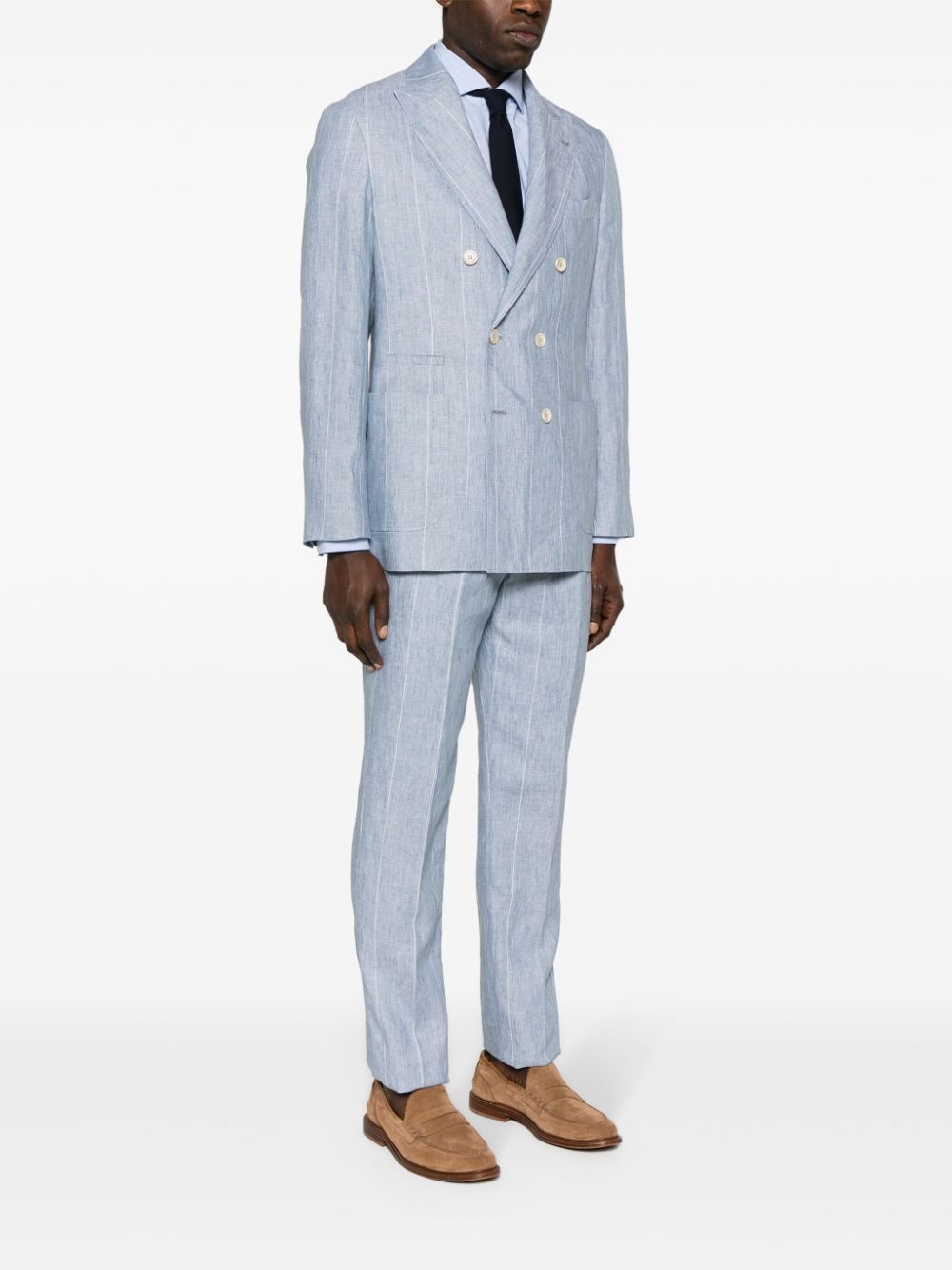 BRUNELLO CUCINELLI Light Blue/White Linen/Flax Pinstripe Suit with Peak Lapels for Men