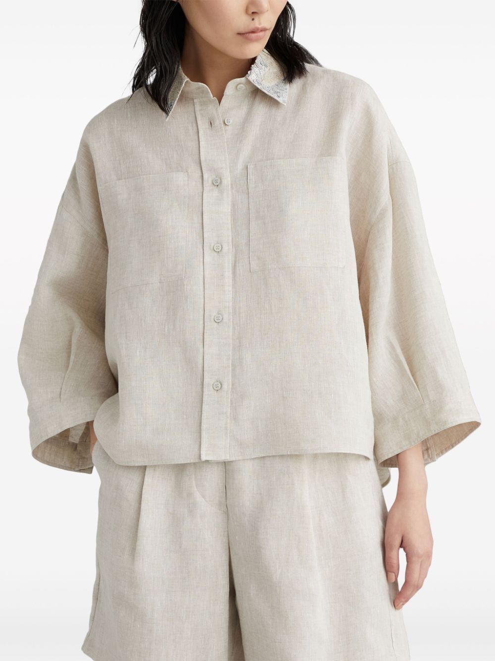 BRUNELLO CUCINELLI Beige Oversized Linen Shirt with Floral Embroidered Collar for Women