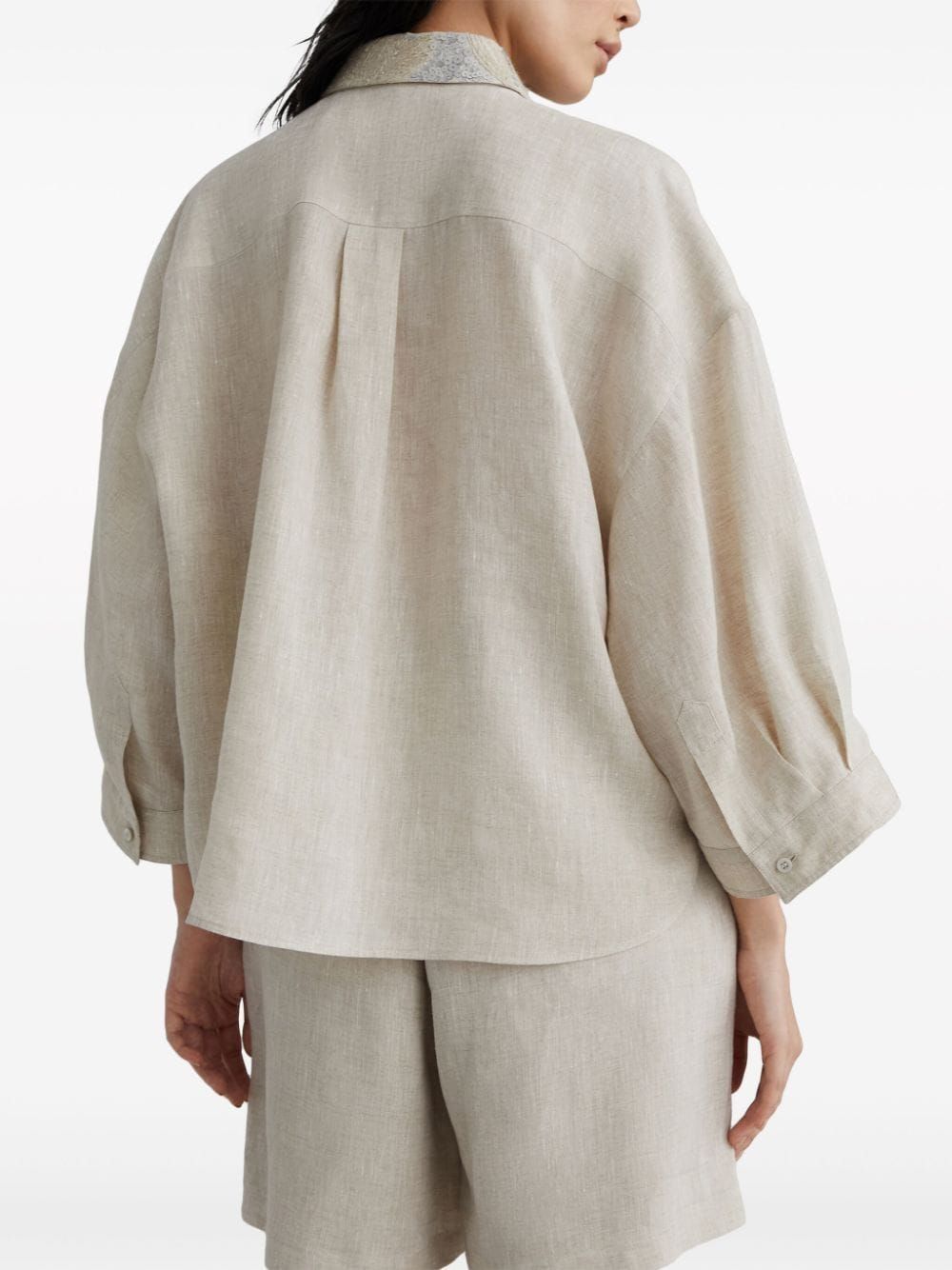 BRUNELLO CUCINELLI Beige Oversized Linen Shirt with Floral Embroidered Collar for Women