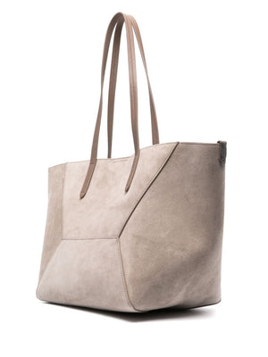 BRUNELLO CUCINELLI Elegant Taupe Grey Leather Shopper with Monili Chain Detail