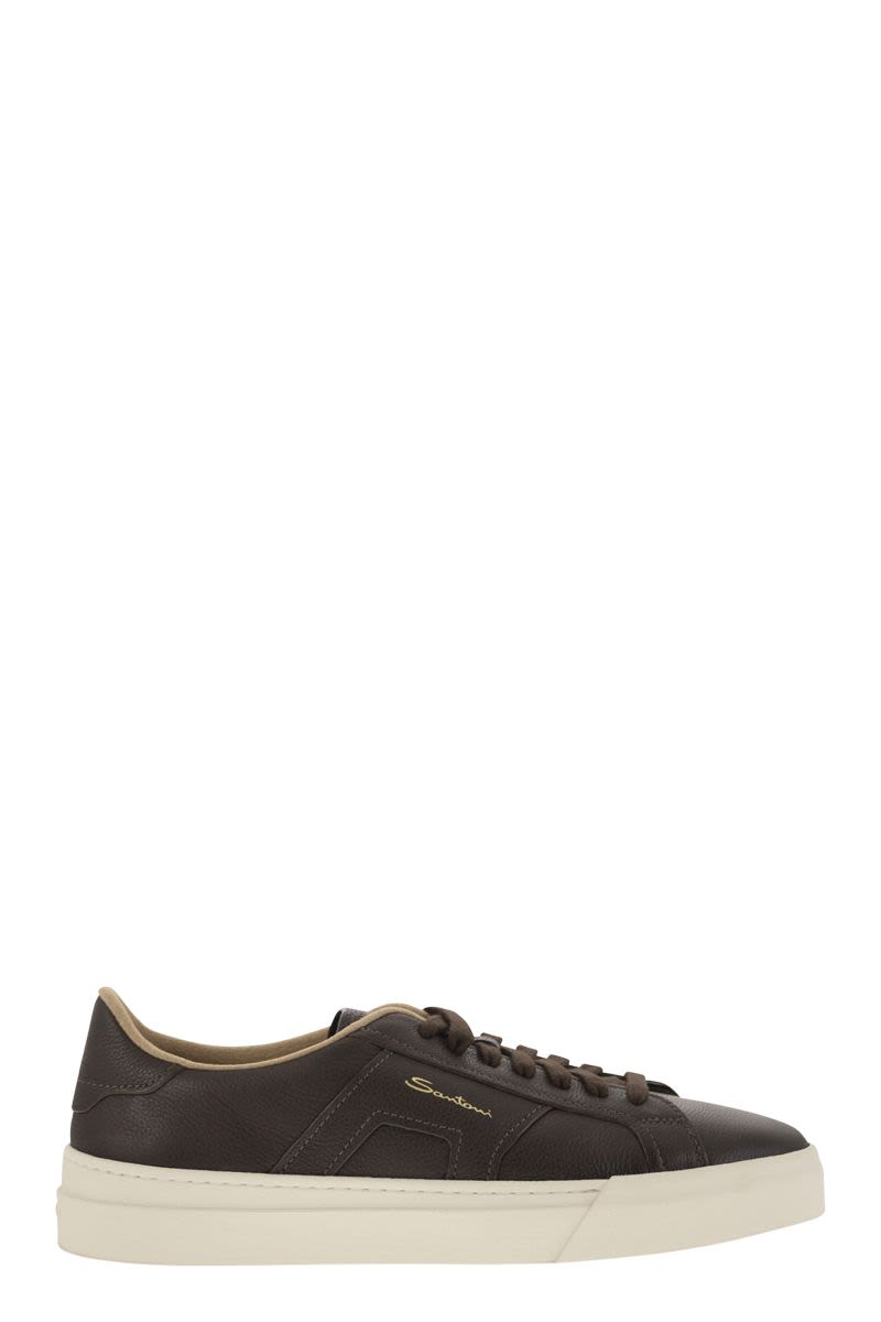 SANTONI Double Buckle Tumbled Leather Low Top Trainer