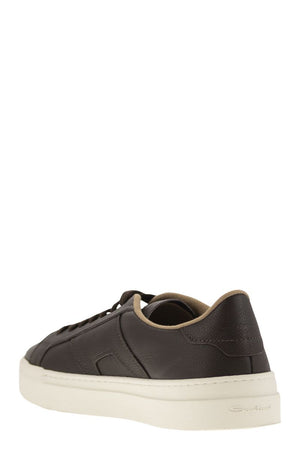 SANTONI Double Buckle Tumbled Leather Low Top Trainer