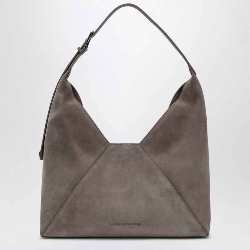 BRUNELLO CUCINELLI DUO Grey Suede Hobo Handbag