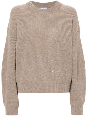 BRUNELLO CUCINELLI Luxurious Taupe Wool-Cashmere Crewneck Sweater