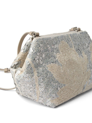 BRUNELLO CUCINELLI Gray Magnolia Embroidered Shoulder Handbag
