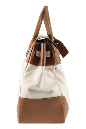 BRUNELLO CUCINELLI Elegant SS24 Milk Handbag for Travel with Leather and Fabric Textural Contrast