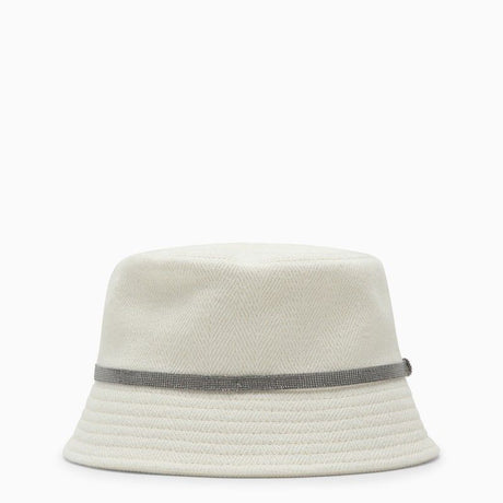 白色棉麻鱼夫帽子，附有珠饰带