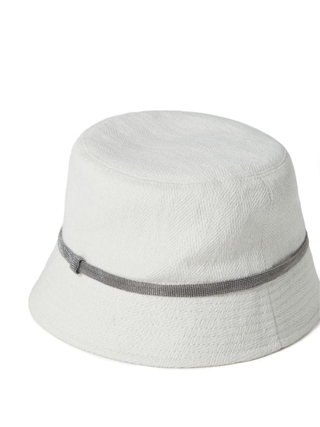 White Cotton and Linen Bucket Hat with Silver-Tone Embellishment for Women