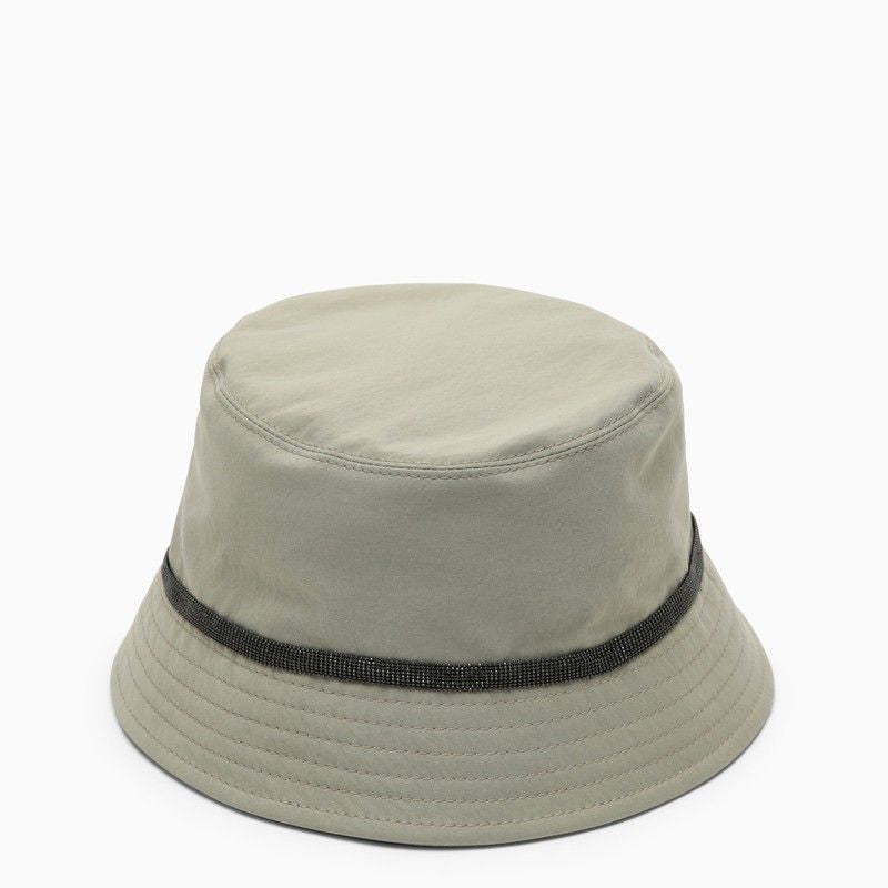 BRUNELLO CUCINELLI Olive Green Cotton and Linen Fisherman Hat with Beaded Band for Women