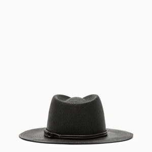 BRUNELLO CUCINELLI Black Straw Fedora Hat with Leather and Beaded Headband for Women