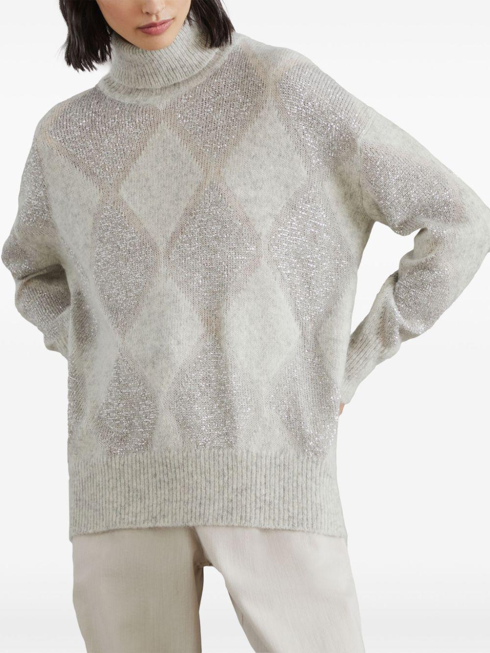 BRUNELLO CUCINELLI DAZZLING ARGYLE TURTLENECK SWEATER IN WOOL AND MOHAIR