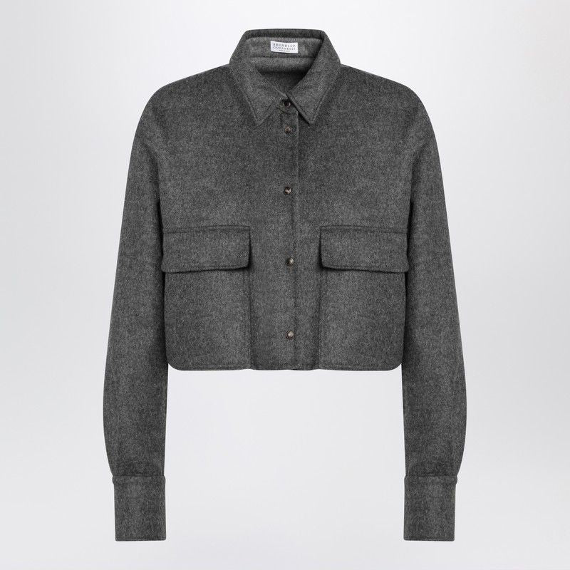 BRUNELLO CUCINELLI Cropped Grey Wool Shirt Jacket with Shiny Detail