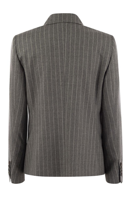 BRUNELLO CUCINELLI Elegant Pinstripe Wool Jacket with Beaded Collar Detail