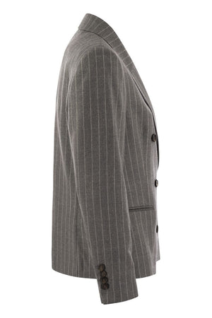 BRUNELLO CUCINELLI Elegant Pinstripe Wool Jacket with Beaded Collar Detail