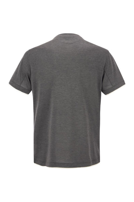 男士灰色長袖雙層T恤，棉質插布設計