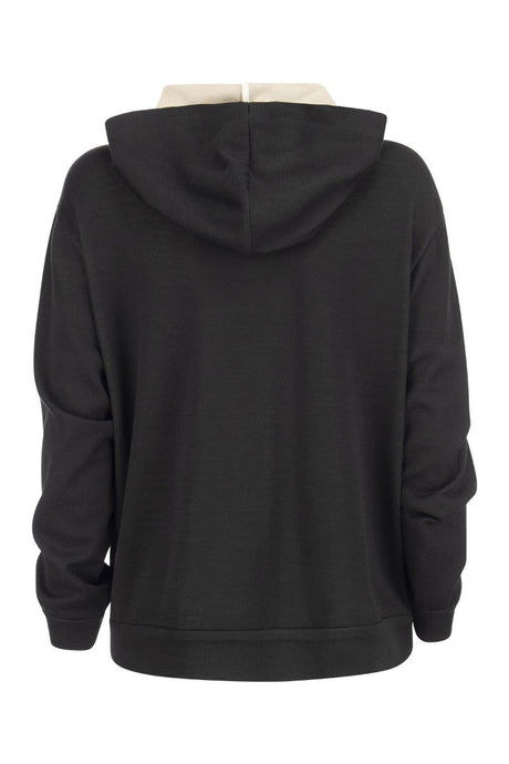 Áo hoodie cộc bẹt cotton lụa đen có viền monili cho nữ | SS24