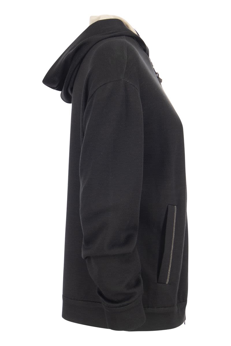 BRUNELLO CUCINELLI Elegant Black Cotton-Silk Zip Hoodie with Monili Detail