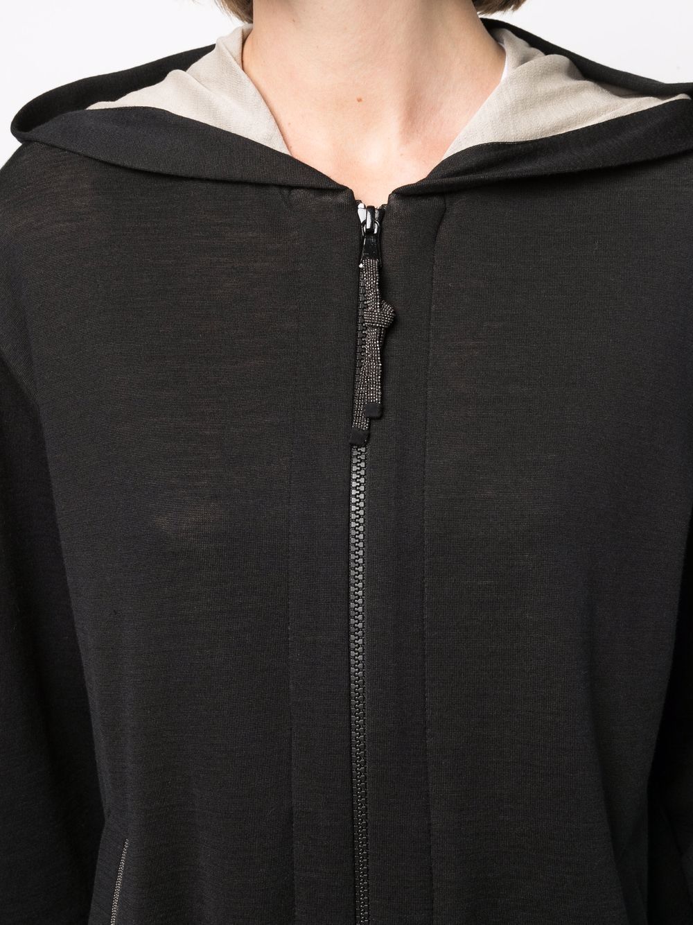 BRUNELLO CUCINELLI Elegant Black Cotton-Silk Zip Hoodie with Monili Detail