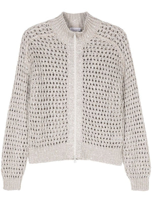 BRUNELLO CUCINELLI Chic Almond Beige Sequined Silk-Linen Zip Cardigan