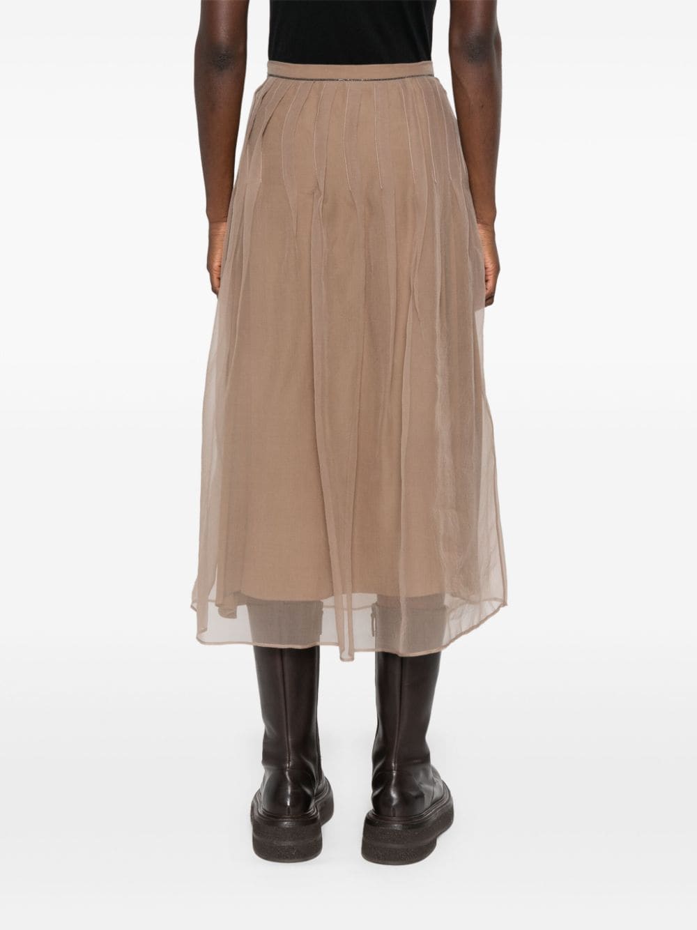 BRUNELLO CUCINELLI Elegant Coffee Brown Silk Midi Skirt