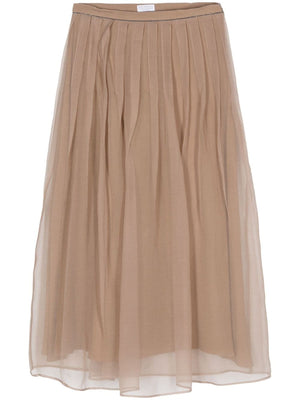 BRUNELLO CUCINELLI Elegant Coffee Brown Silk Midi Skirt