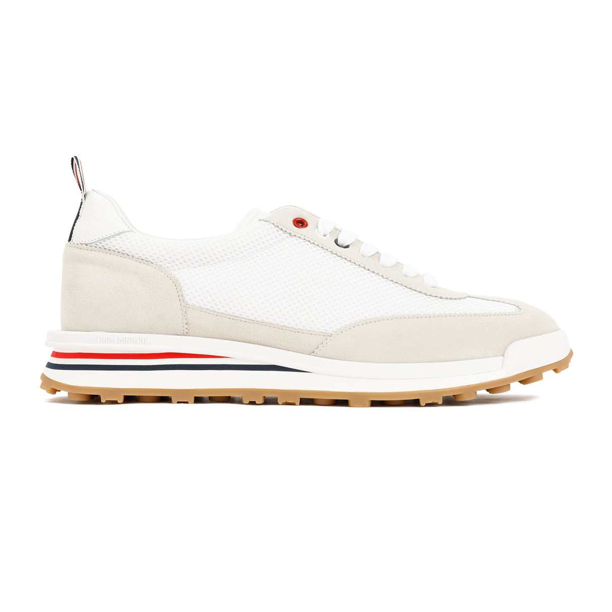 Men's White Leather and Fabric Low-Top Sneakers with Tricolor Detail