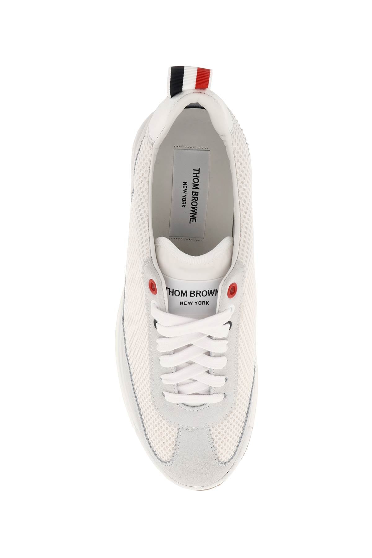 THOM BROWNE MENS TRICOLOR TECH RUNNER SNEAKERS IN MESH AND SUEDE