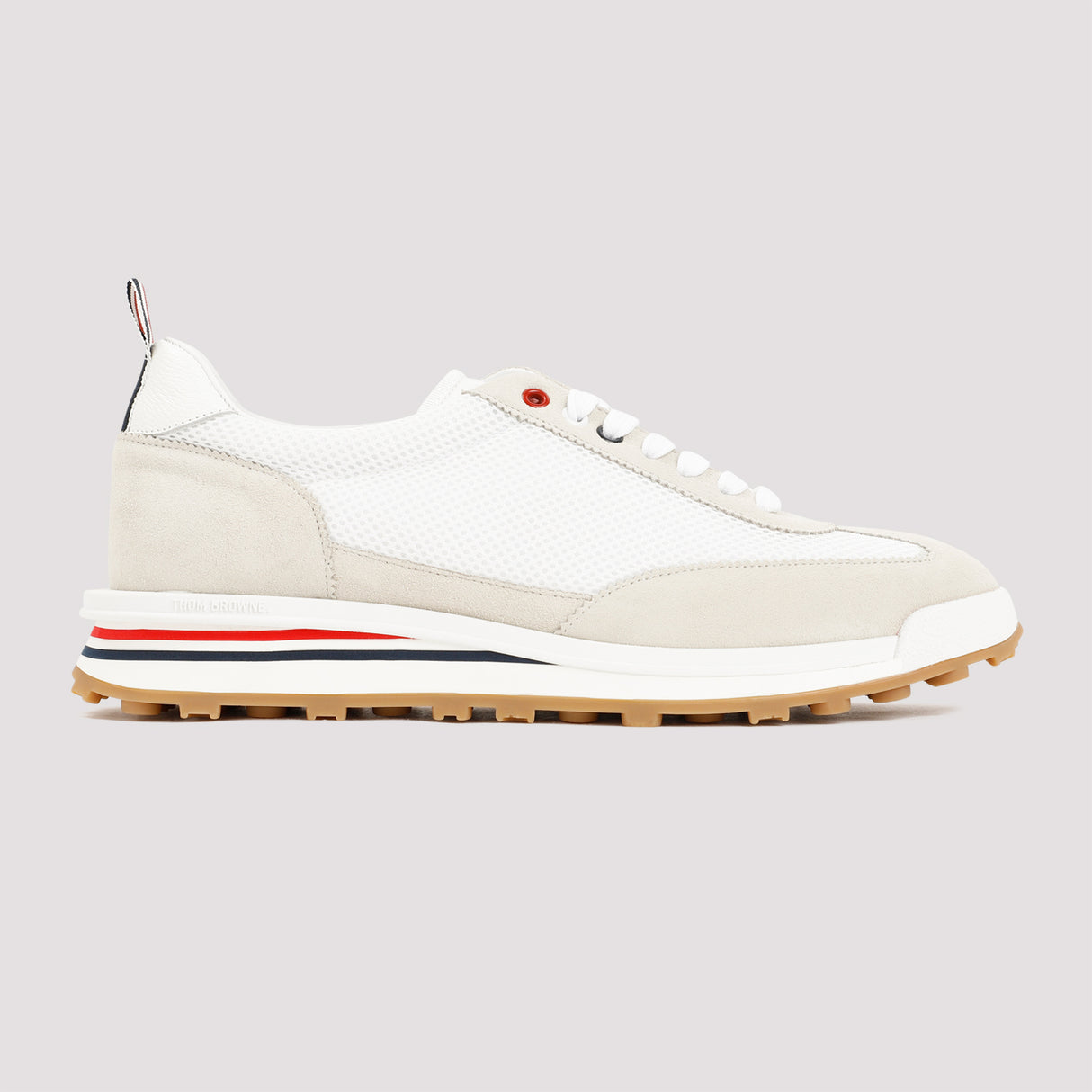 Men's White Leather and Fabric Low-Top Sneakers with Tricolor Detail