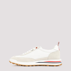 Men's White Leather and Fabric Low-Top Sneakers with Tricolor Detail