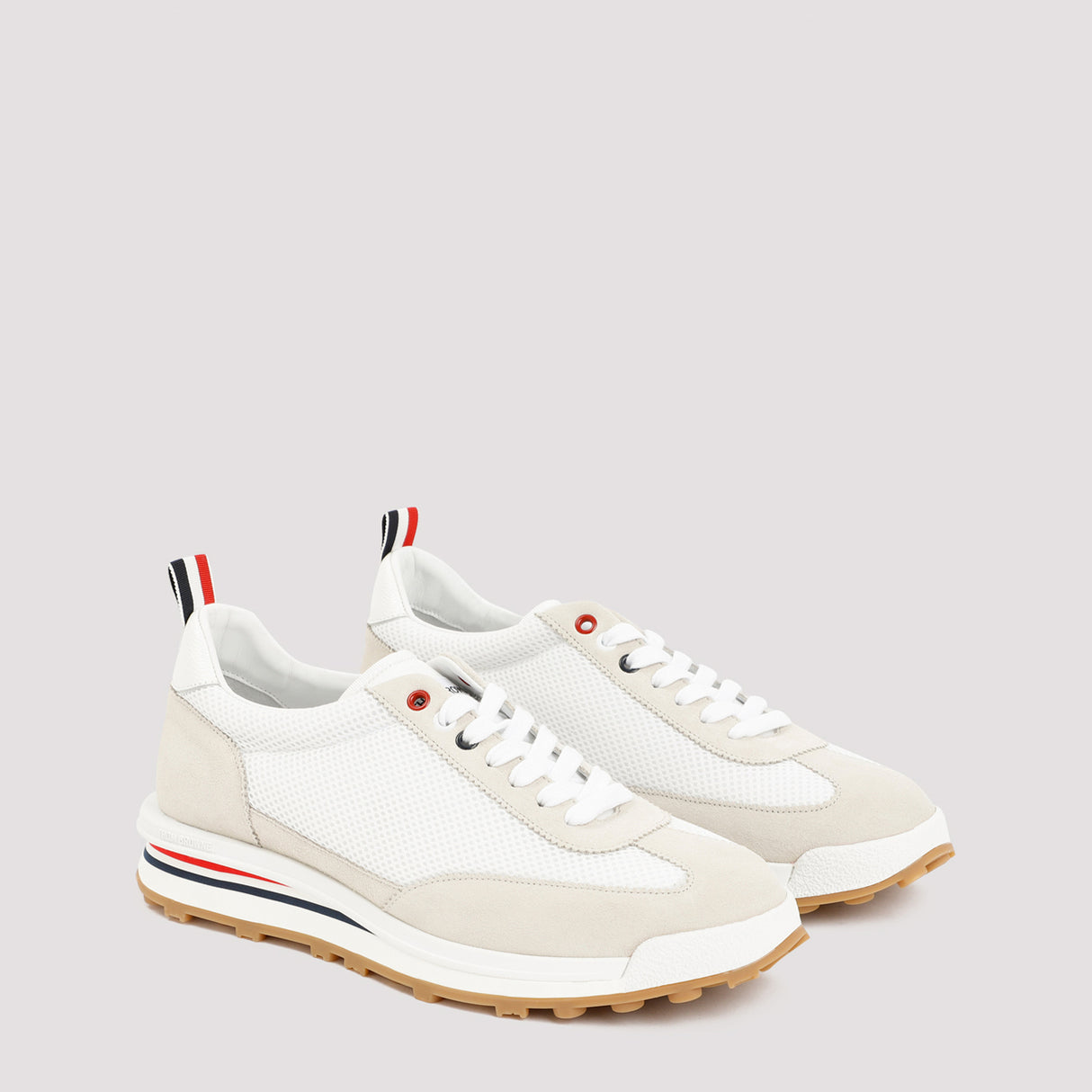 Men's White Leather and Fabric Low-Top Sneakers with Tricolor Detail