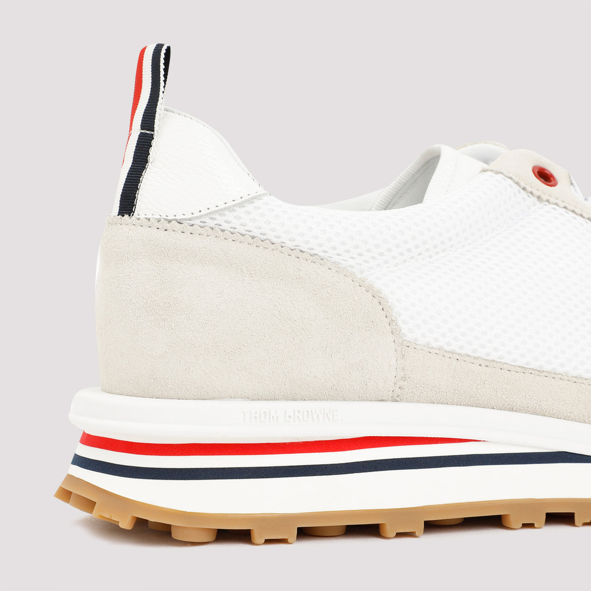 Men's White Leather and Fabric Low-Top Sneakers with Tricolor Detail