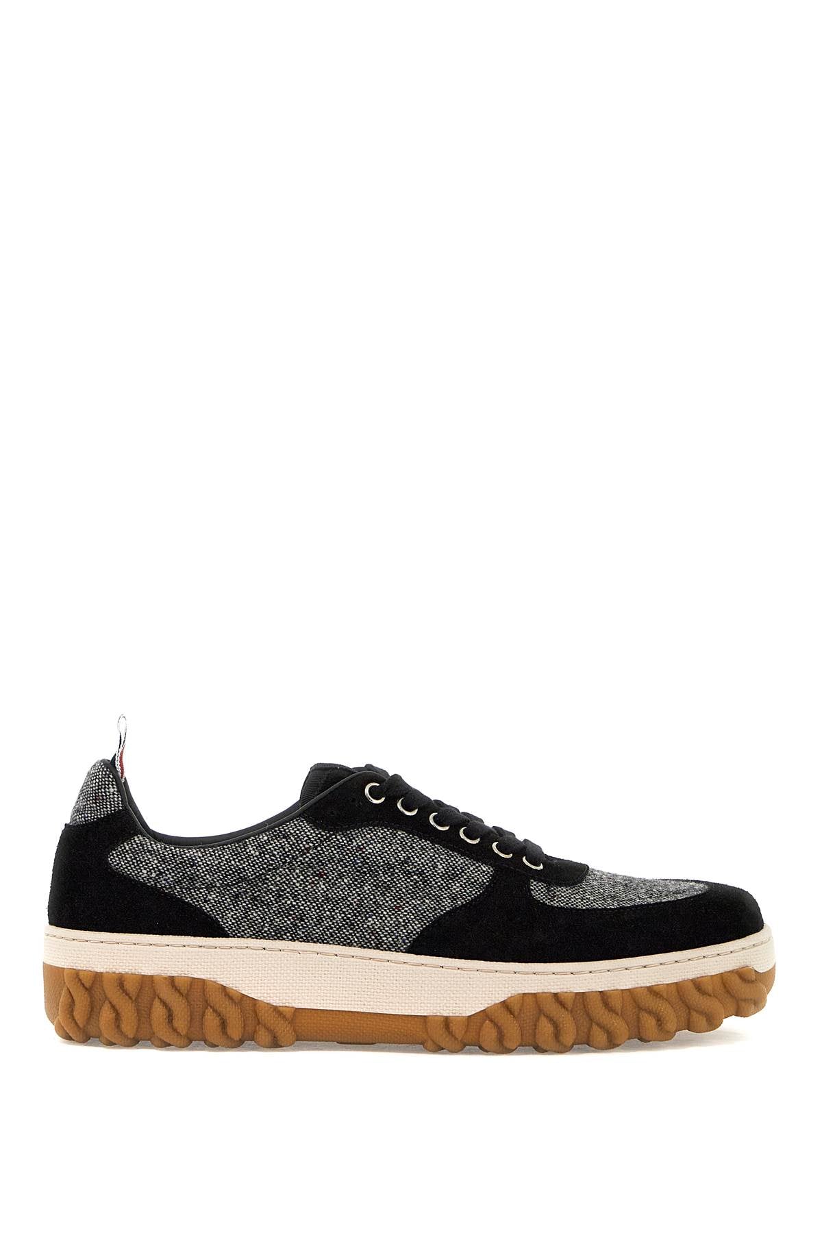 THOM BROWNE Men's Black Tweed Sneakers with Suede Leather Inserts and Tricolor Detail