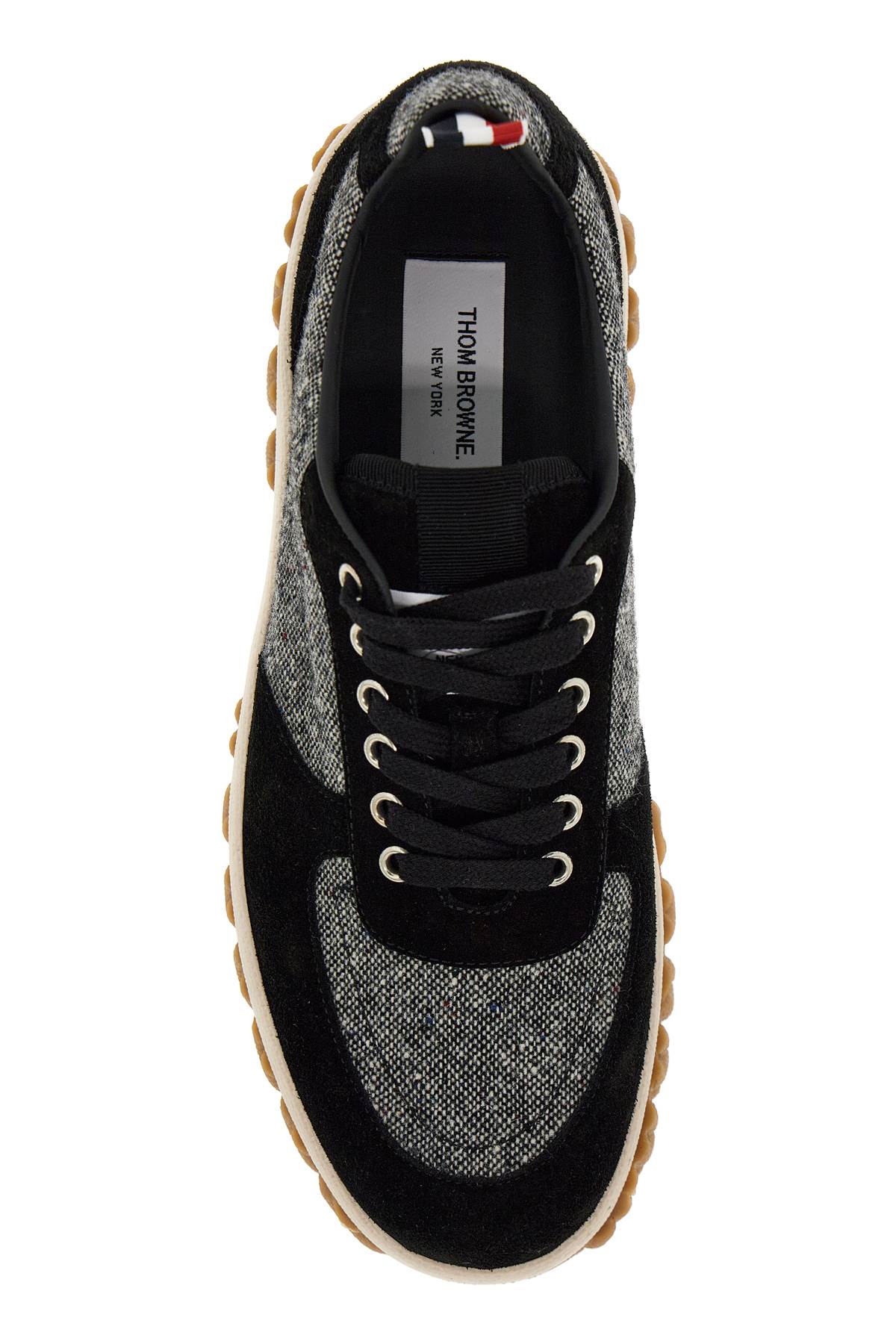 THOM BROWNE Men's Black Tweed Sneakers with Suede Leather Inserts and Tricolor Detail