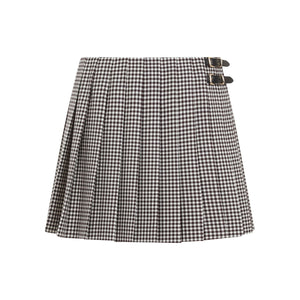 MIU MIU Elegant Brown Mini Skirt in 100% Wool with Leather Trim