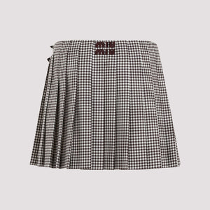 MIU MIU Elegant Brown Mini Skirt in 100% Wool with Leather Trim