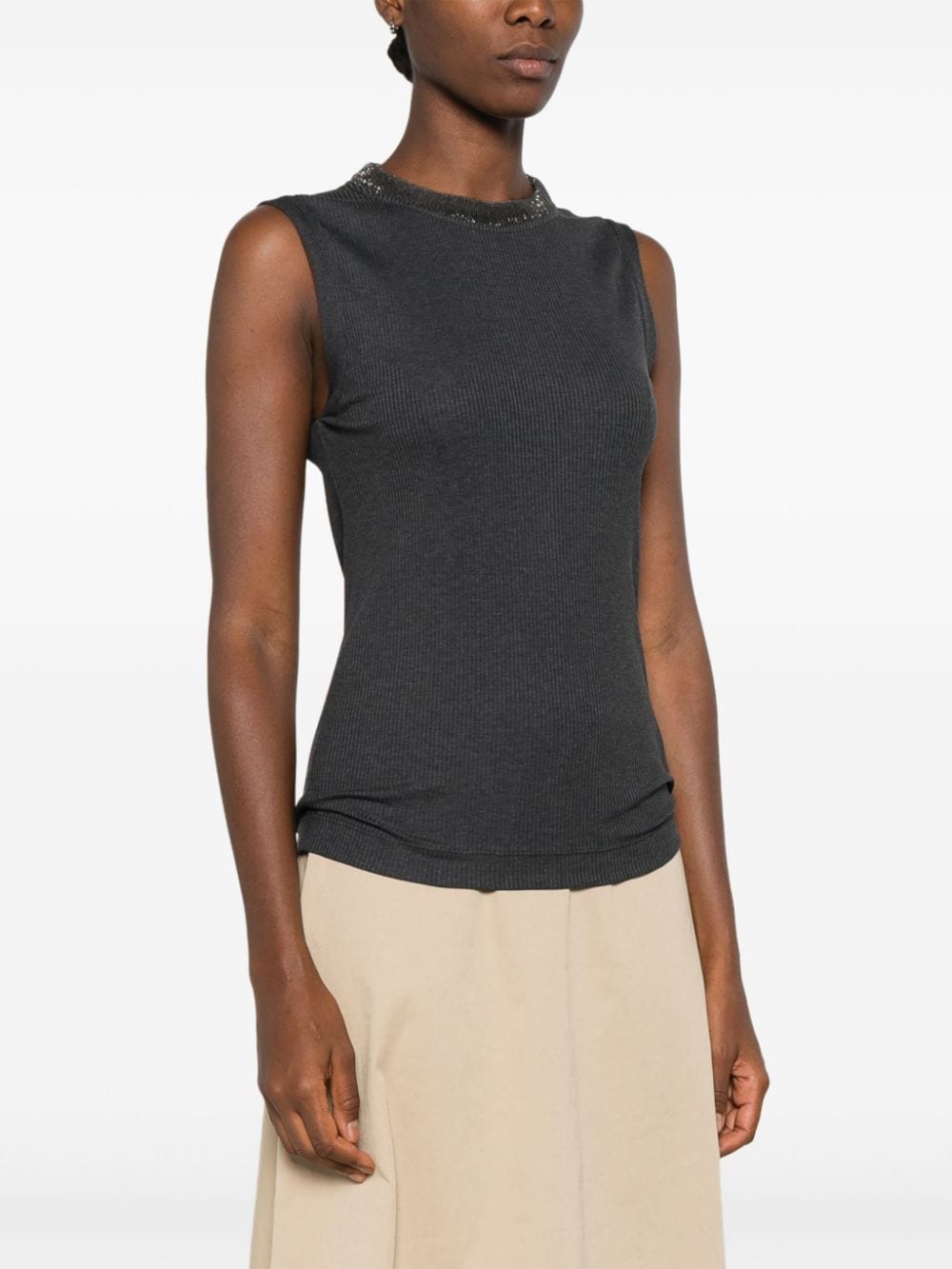 BRUNELLO CUCINELLI Sleeveless Cotton Blend Tank Top with Monili Chain Detail