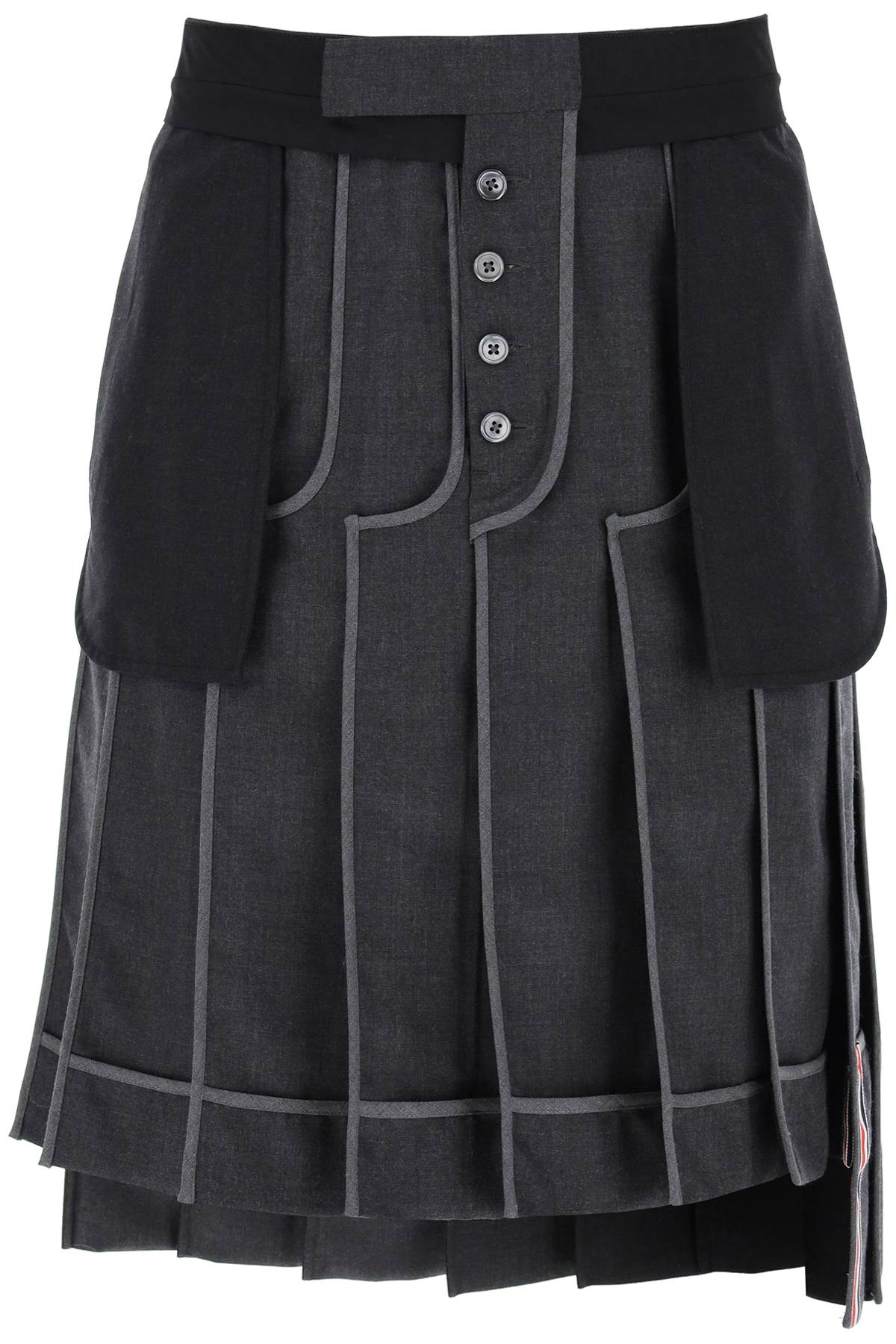 THOM BROWNE Men's Melange Wool Twill Pleated Midi Skirt in Grey