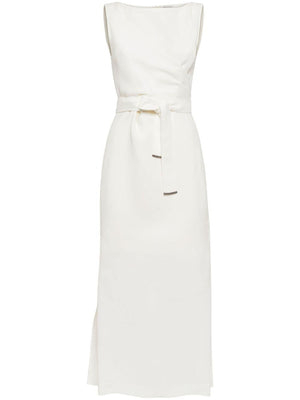 BRUNELLO CUCINELLI Cream White Linen Blend Sleeveless Dress with Belted Waist for Women