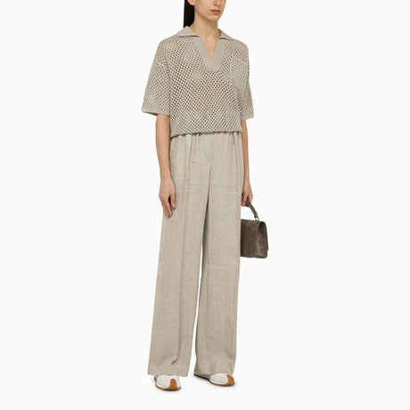 BRUNELLO CUCINELLI Light Grey Linen Palazzo Trousers for Women - Elastic Waistband, Pockets, Belt Loops