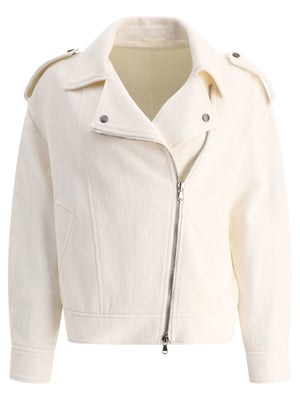 BRUNELLO CUCINELLI White Bikers Jacket - 2024 Fashion Outer for Women