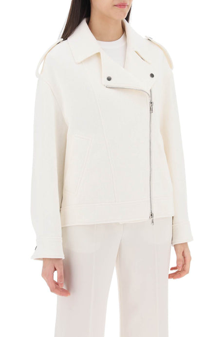 BRUNELLO CUCINELLI Oversized Herringbone Cotton-Linen Biker Jacket for Women - White
