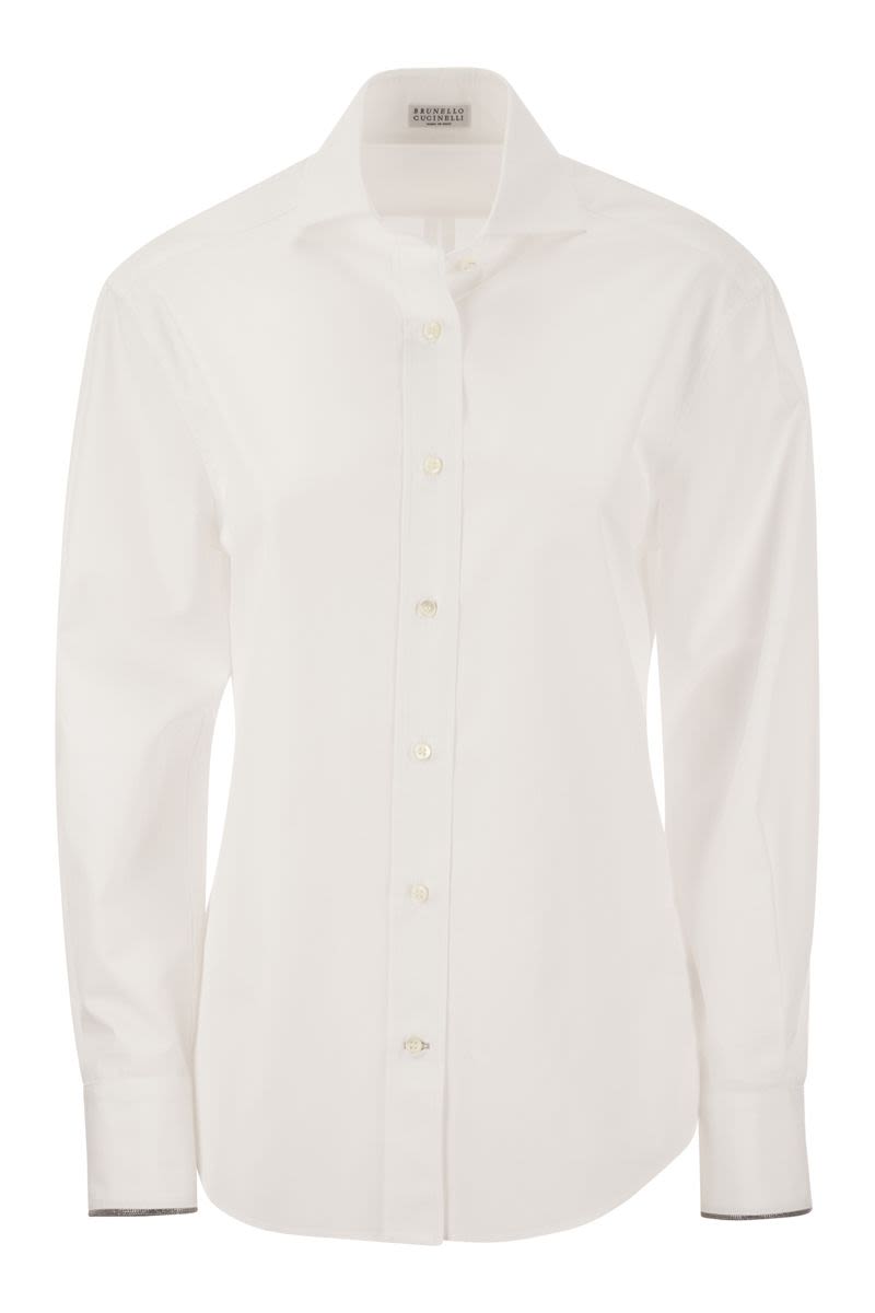 White Stretch Cotton Poplin Shirt with Metallic Trim for Women