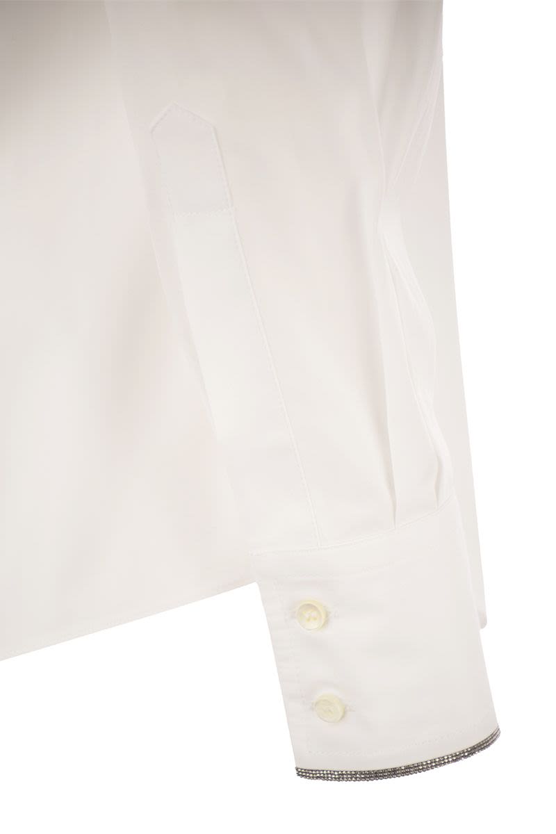 White Stretch Cotton Poplin Shirt with Metallic Trim for Women