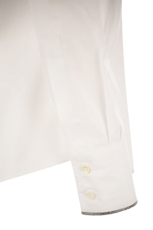 White Stretch Cotton Poplin Shirt with Metallic Trim for Women