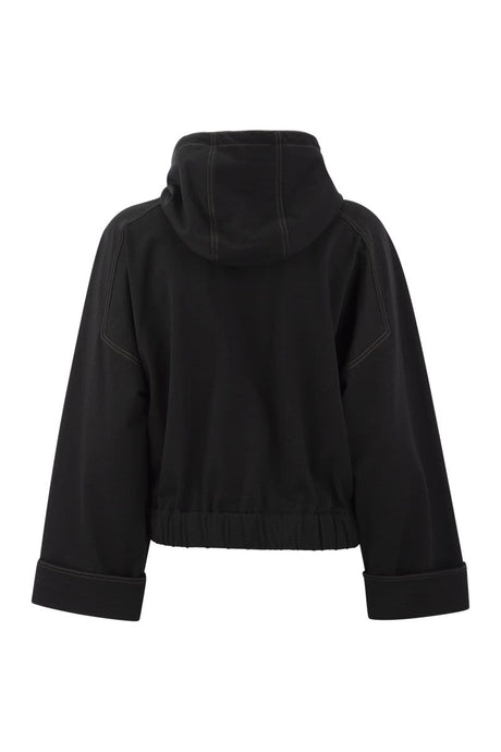 Black Stretch-Cotton Contrast Stitching Classic Hood Coat
