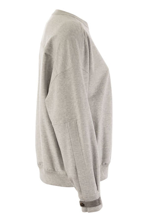 BRUNELLO CUCINELLI Women's Shiny Sleeve Grey Cotton Top with Jewel Details