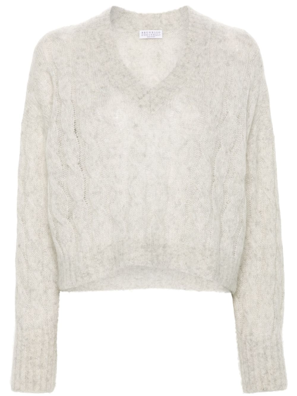 BRUNELLO CUCINELLI Light Grey Cable Knit V-Neck Sweater for Women