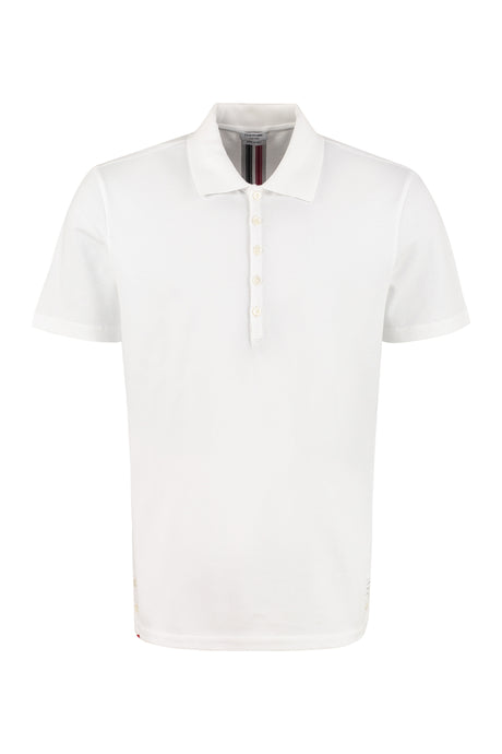 THOM BROWNE White Short-Sleeved Cotton Polo Shirt for Men with Back Tricolor Detail and Asymmetric Hem